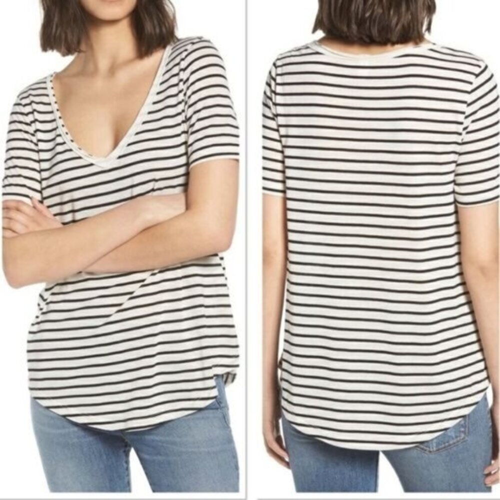 BP Womens Parisian Minimalist Striped V-Neck Tee XS White Black Short Sleeve NEW